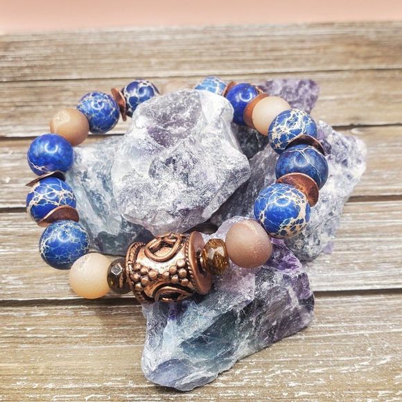 Royal Blue Imperial Jasper, Druzy Agate, Bronzite and Copper Bracelet - Picture 1 of 5